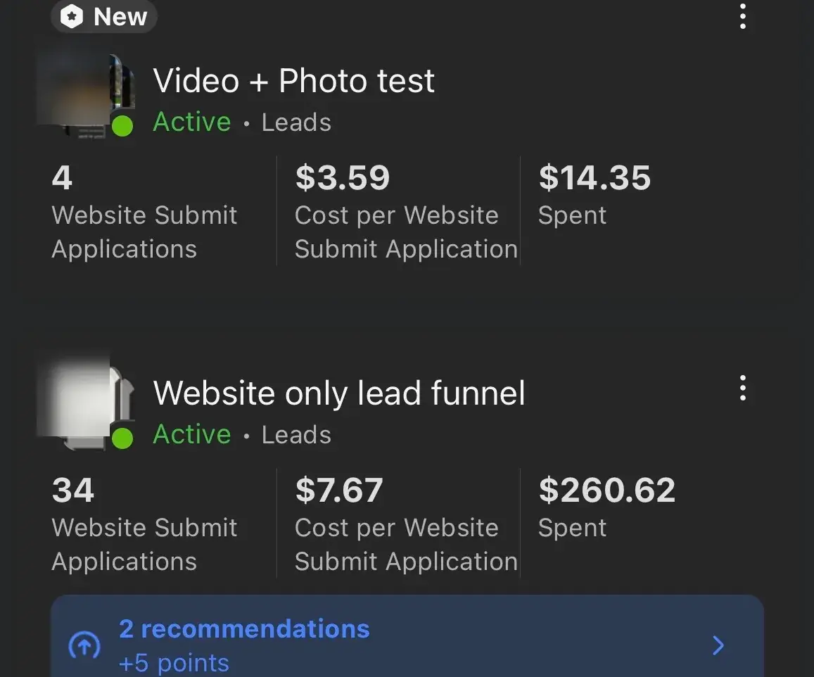 Campaign list showing Video + Photo test at 4 applications for $3.59 each and Website only lead funnel at 34 applications for $7.67 each.